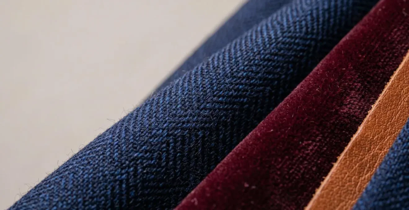Dettaglio ravvicinato di tessuti italiani di qualità in blu navy e bordeaux con texture visibili