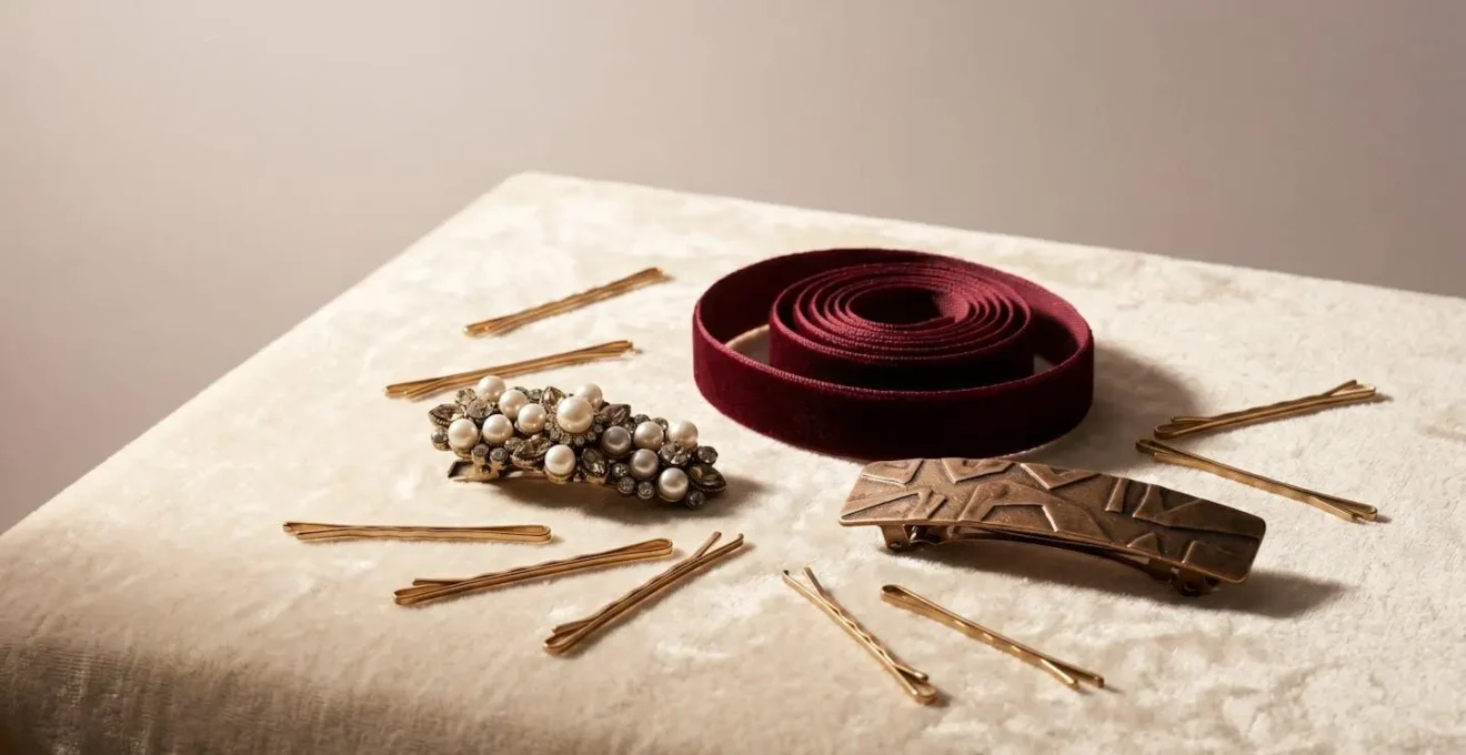 Composizione elegante di accessori per capelli artigianali: fermagli gioiello e nastri di velluto su superficie neutra