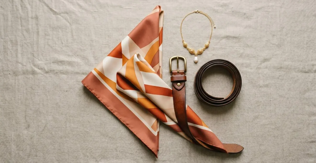 Composizione elegante di accessori artigianali italiani di qualità: foulard di seta, cintura in cuoio e gioiello su superficie neutra