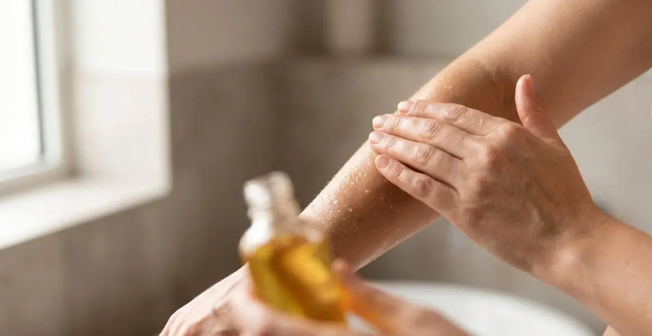 Mani femminili che applicano olio naturale su pelle ancora umida dopo doccia, gocce d'acqua visibili