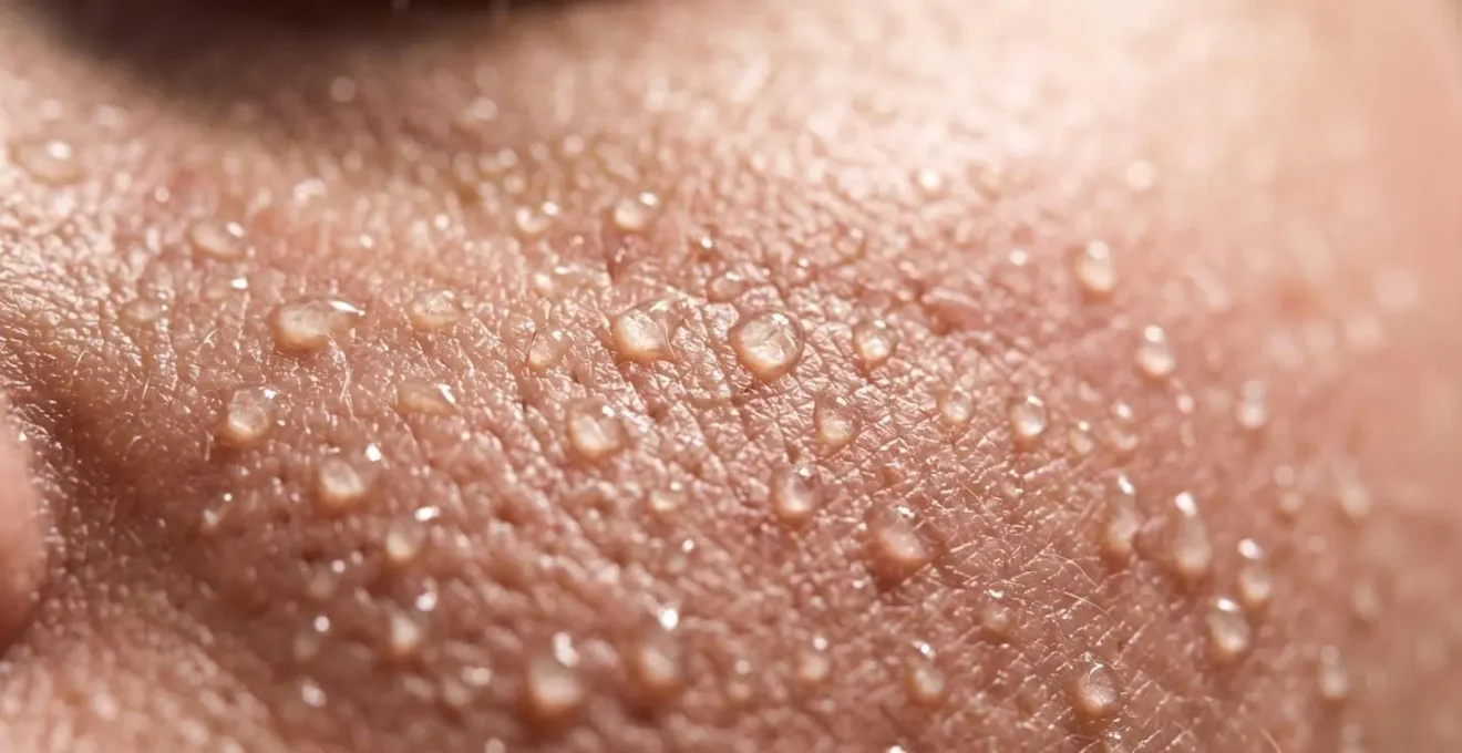 Primo piano di gocce d'acqua su pelle del viso con texture naturale che mostra idratazione profonda