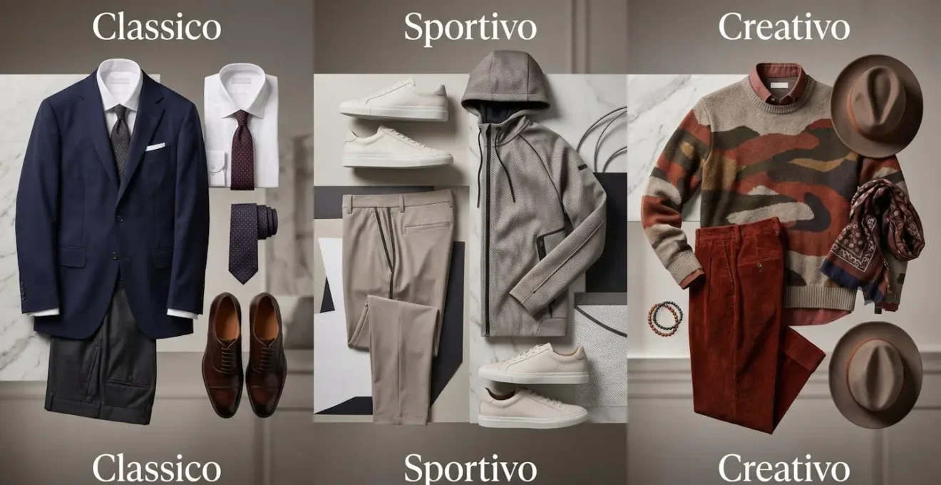 Tre composizioni stilistiche che rappresentano gli archetipi classico, sportivo e creativo dello stile maschile italiano