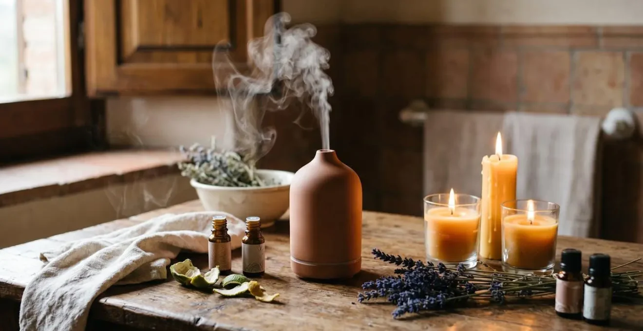 Ambiente rilassante con diffusore di oli essenziali e atmosfera sensoriale per il benessere mentale