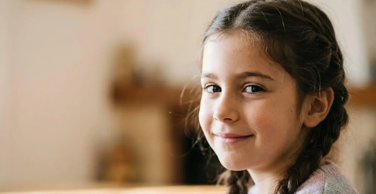 Ritratto ravvicinato di una bambina sorridente con trecce morbide che tengono i capelli ordinati per la scuola