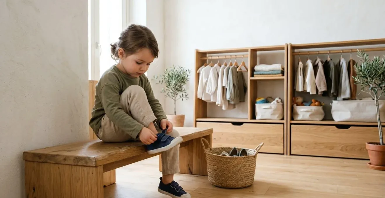 Bambino che si veste autonomamente con abbigliamento semplice e pratico in ambiente domestico italiano luminoso