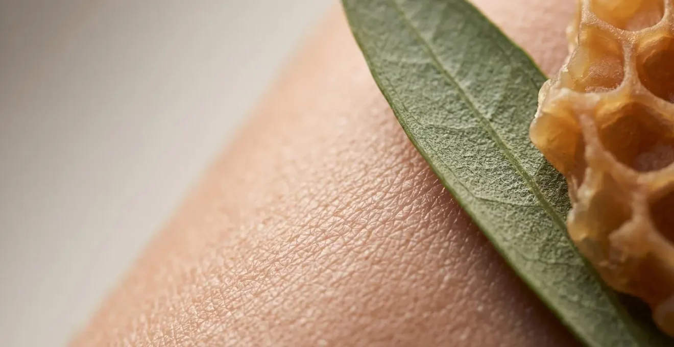 Rappresentazione visiva della texture della pelle naturale con elementi botanici protettivi