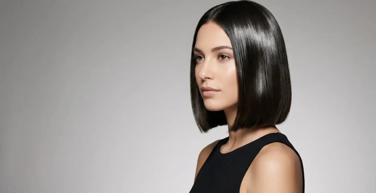 Capelli corti a caschetto con effetto glass hair ultra lucido che riflette la luce