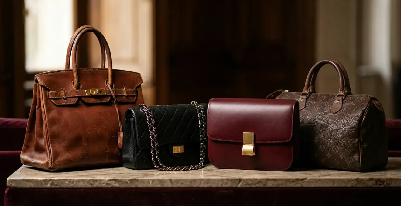 Composizione elegante di borse firmate vintage e nuove che rappresenta il valore nel tempo