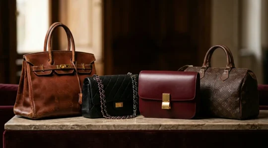 Composizione elegante di borse firmate vintage e nuove che rappresenta il valore nel tempo