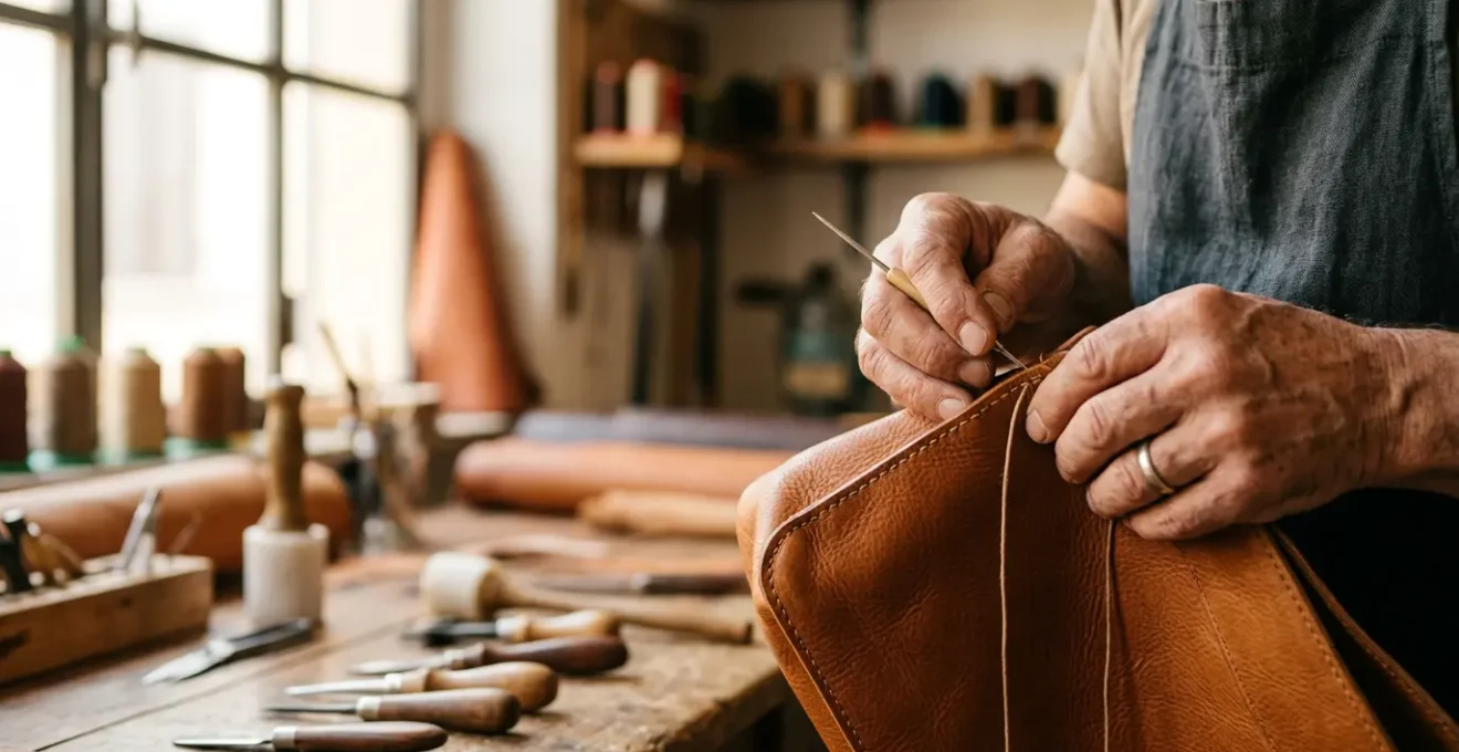 Dettaglio di una borsa artigianale in pelle italiana realizzata a mano con cuciture tradizionali