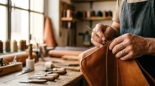 Dettaglio di una borsa artigianale in pelle italiana realizzata a mano con cuciture tradizionali