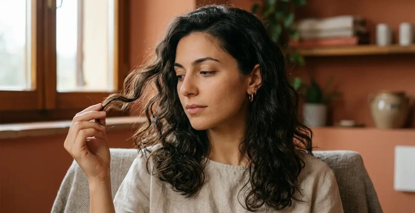Donna italiana con capelli mossi naturali che osserva riflesso in specchio durante giornata umida autunnale