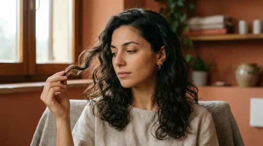 Donna italiana con capelli mossi naturali che osserva riflesso in specchio durante giornata umida autunnale