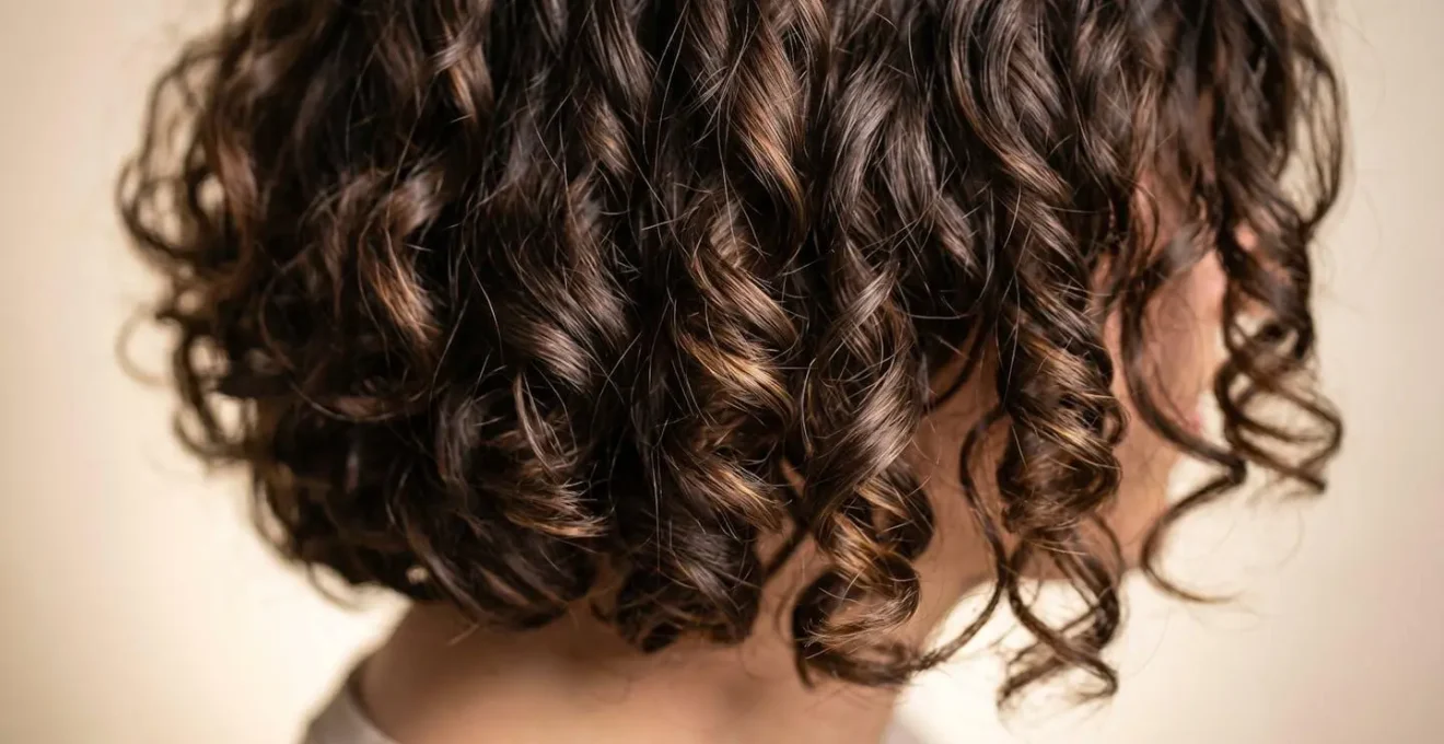 Dettaglio di capelli ricci e spessi con caschetto ben strutturato che mostra texture naturale senza effetto casco