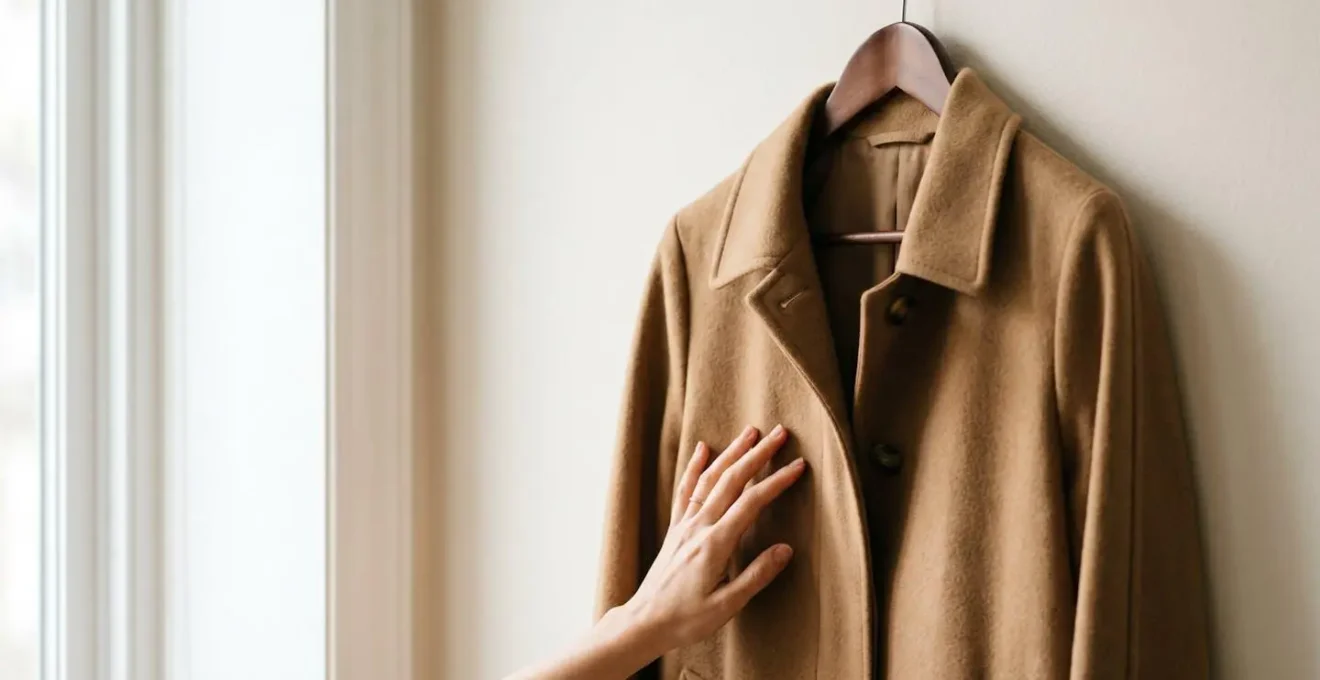 Cappotto classico italiano di alta qualità appeso in modo elegante, simbolo di investimento nel guardaroba duraturo