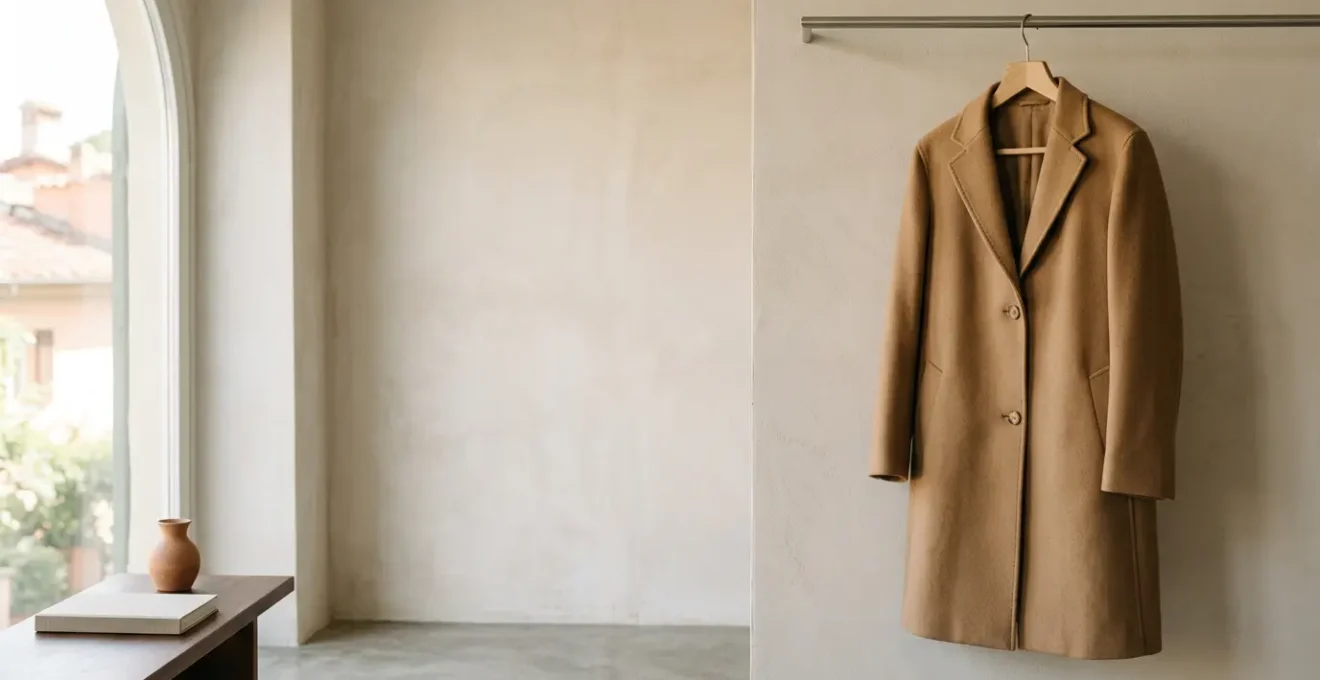 Elegante cappotto sartoriale color cammello appeso in una scena minimalista che rappresenta l'investimento nella qualità