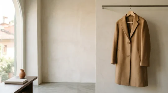 Elegante cappotto sartoriale color cammello appeso in una scena minimalista che rappresenta l'investimento nella qualità