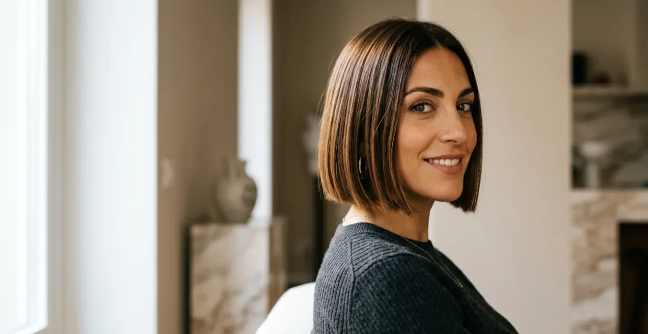 Donna italiana con caschetto bob perfettamente tagliato che valorizza la linea della mascella e del mento