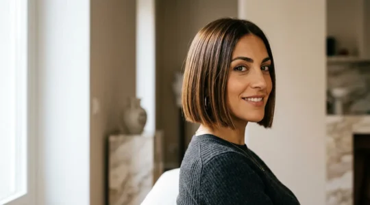 Donna italiana con caschetto bob perfettamente tagliato che valorizza la linea della mascella e del mento
