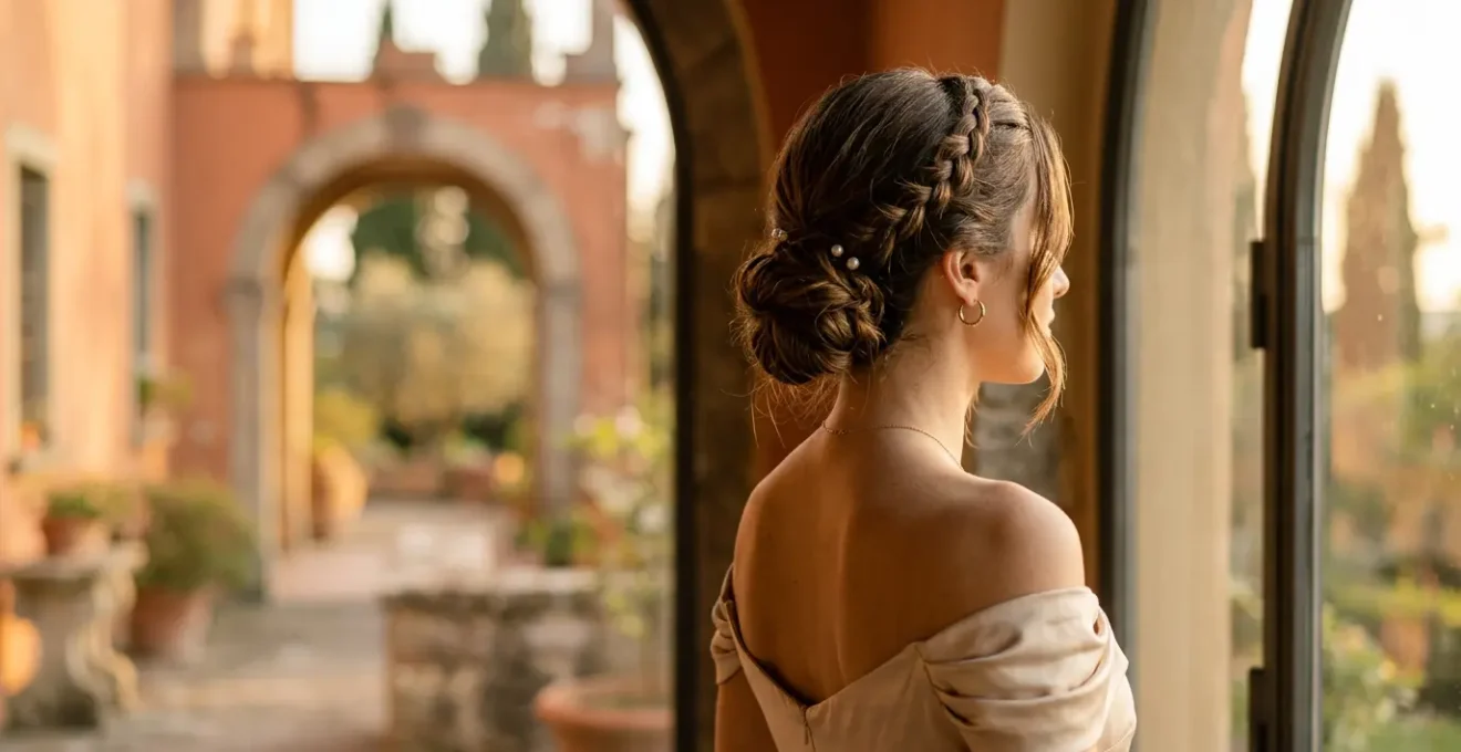 Donna elegante con chignon basso e dettagli di treccia laterale, stile italiano raffinato