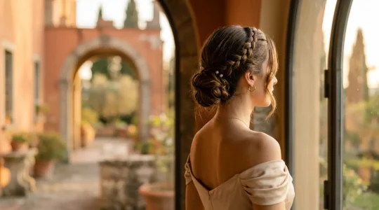 Donna elegante con chignon basso e dettagli di treccia laterale, stile italiano raffinato