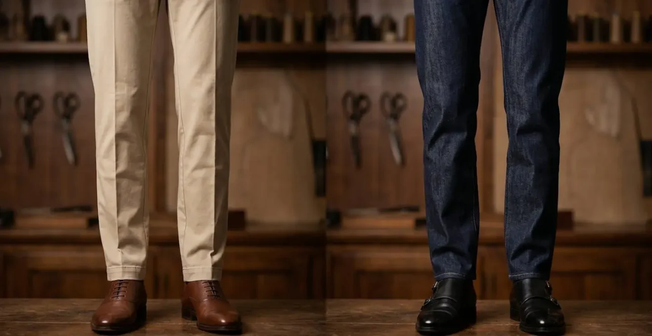 Confronto visivo tra pantaloni chino beige e jeans scuro su manichino sartoriale italiano