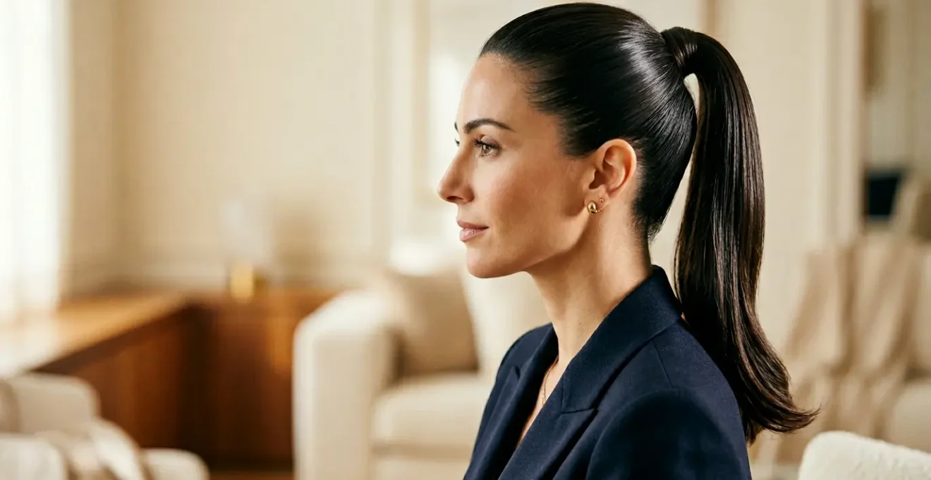 Donna con coda alta impeccabile, profilo elegante con effetto lifting naturale, styling professionale senza gobbe