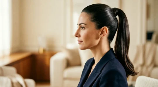Donna con coda alta impeccabile, profilo elegante con effetto lifting naturale, styling professionale senza gobbe