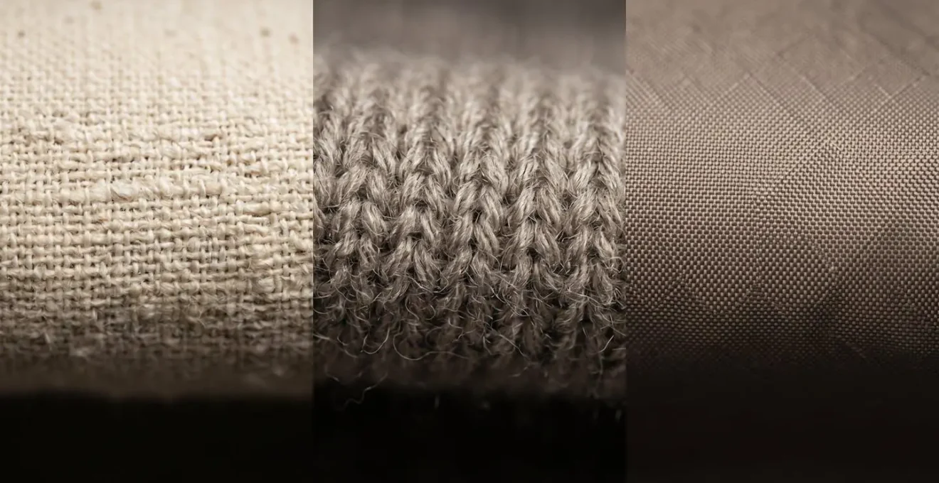 Dettaglio macro che confronta le texture di diversi tessuti per abbigliamento bambini: cotone, lana merino e materiali tecnici