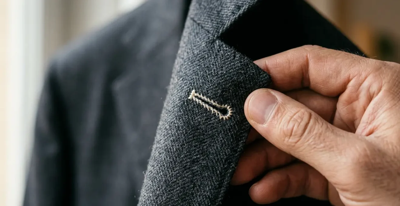 Dettaglio ravvicinato di giacca sartoriale italiana intelata con texture del tessuto in lana pregiata