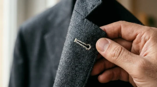 Dettaglio ravvicinato di giacca sartoriale italiana intelata con texture del tessuto in lana pregiata