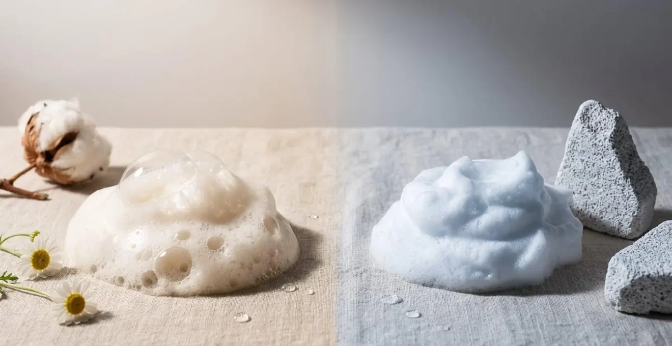 Confronto visivo tra detergenti viso con tensioattivi delicati e aggressivi per la doppia detersione