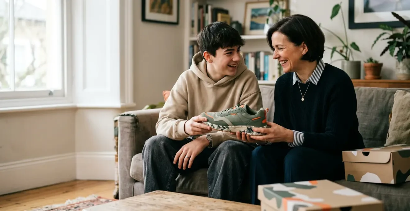 Momento di dialogo tra genitore e figlio adolescente guardando insieme sneakers e abbigliamento streetwear