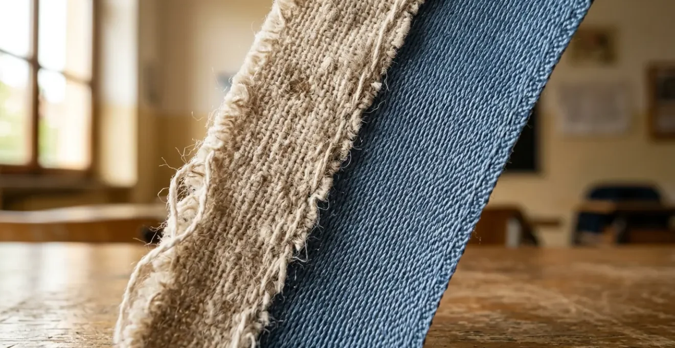 Dettaglio ravvicinato di tessuti naturali e sintetici per abbigliamento bambini con texture differenti