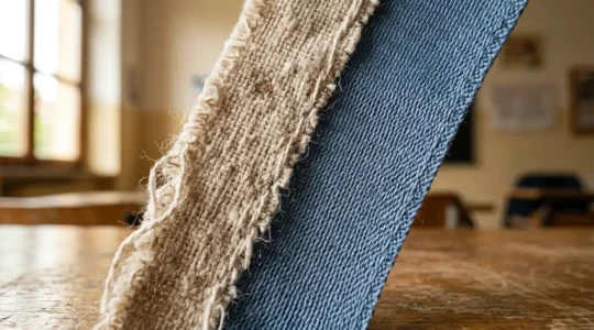 Dettaglio ravvicinato di tessuti naturali e sintetici per abbigliamento bambini con texture differenti