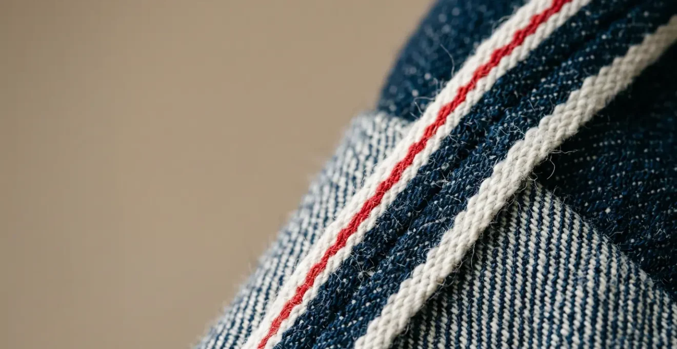 Dettaglio ravvicinato della cimosa rossa autentica su tessuto denim selvedge grezzo, simbolo di artigianalità italiana