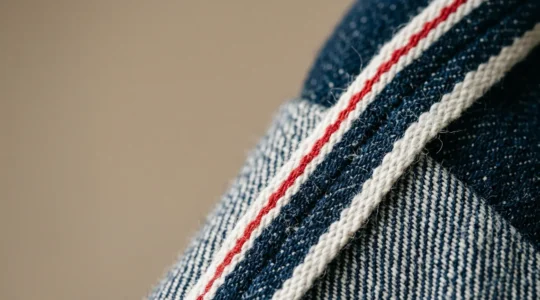 Dettaglio ravvicinato della cimosa rossa autentica su tessuto denim selvedge grezzo, simbolo di artigianalità italiana