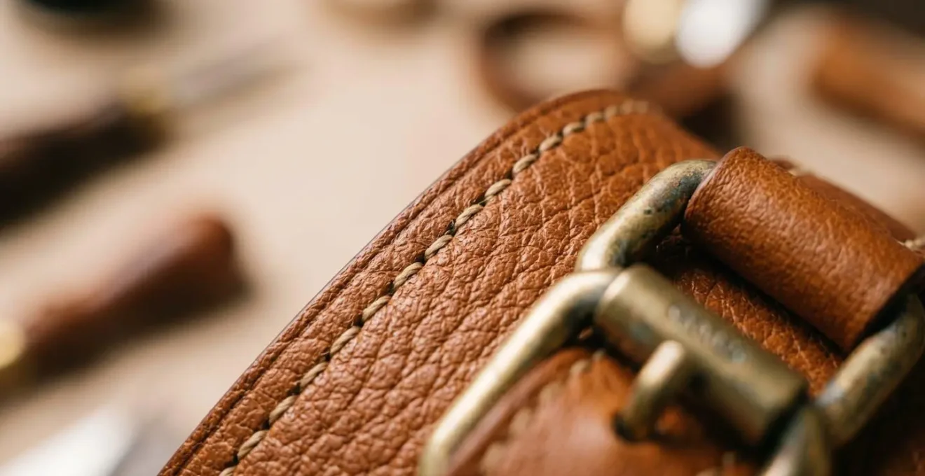 Dettaglio macro delle cuciture artigianali e della texture della pelle di una borsa di lusso autentica