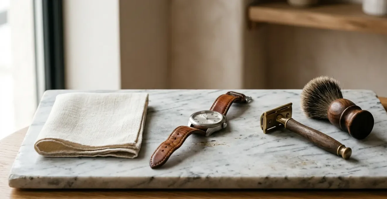 Particolare ravvicinato di accessori maschili eleganti con texture raffinate che trasformano un outfit semplice