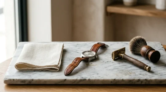 Particolare ravvicinato di accessori maschili eleganti con texture raffinate che trasformano un outfit semplice