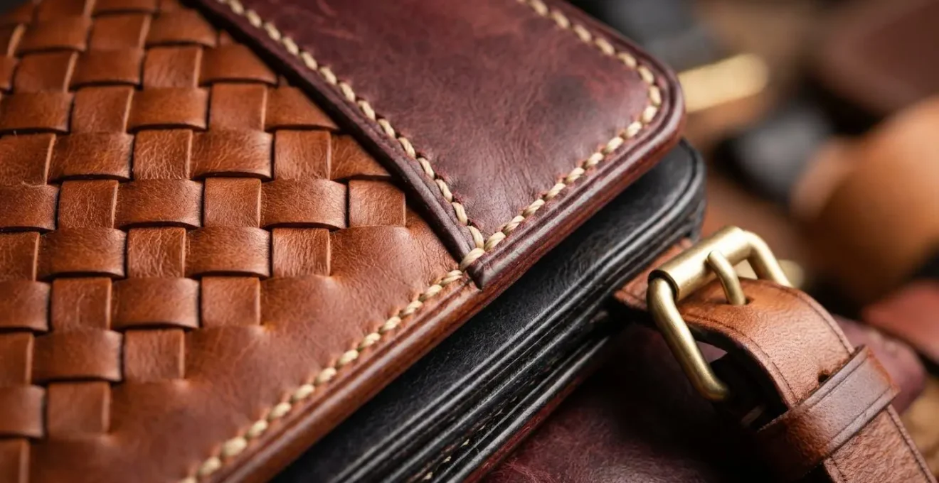 Primo piano di dettagli artigianali su accessori in pelle italiana di alta qualità senza loghi visibili