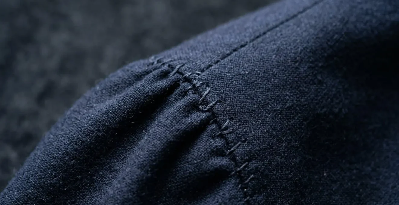 Particolare della cucitura a mano su spalla di giacca sartoriale con caratteristiche arricciature napoletane