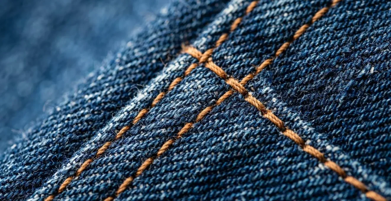 Dettaglio ravvicinato della texture del denim italiano di alta qualità con cuciture rinforzate
