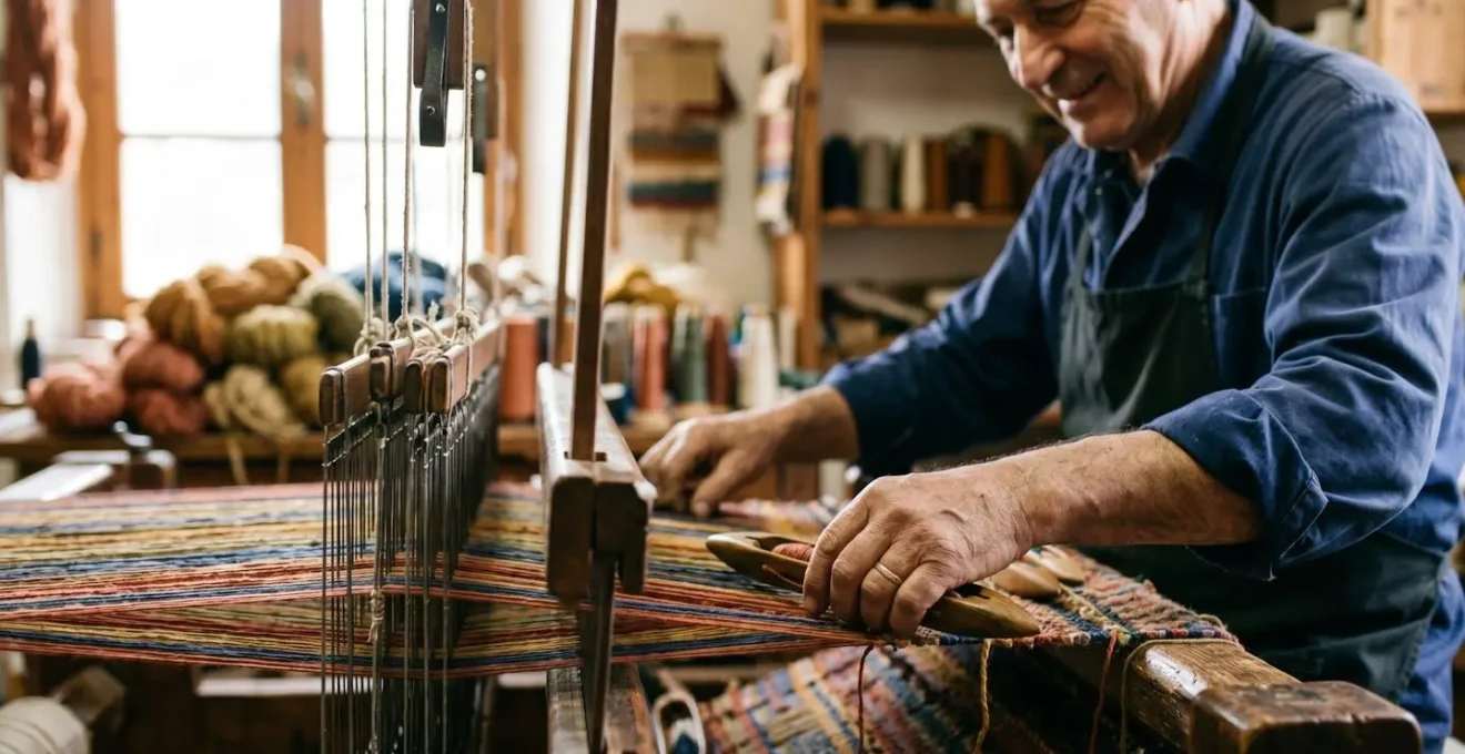 Scena ambientale di un laboratorio tessile artigianale italiano che celebra la maestria e la tradizione manifatturiera dei distretti