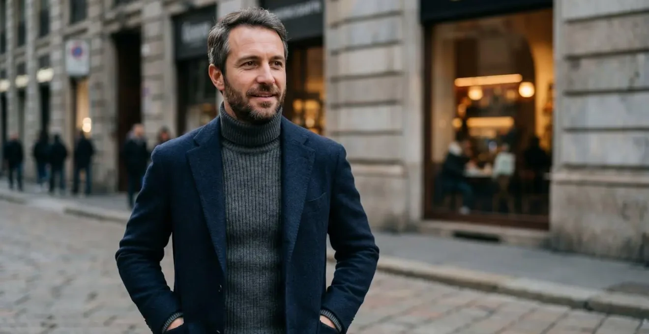 Uomo elegante in dolcevita a collo alto abbinato a blazer blu navy in ambiente urbano italiano invernale