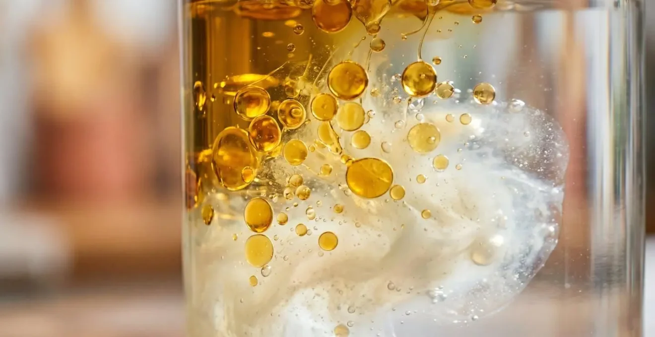 Gocce d'olio che si emulsionano con acqua creando texture lattiginosa per capelli ricci