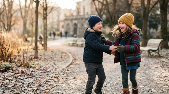 Bambini che giocano felici all'aperto indossando outfit invernali colorati che uniscono stile e praticità