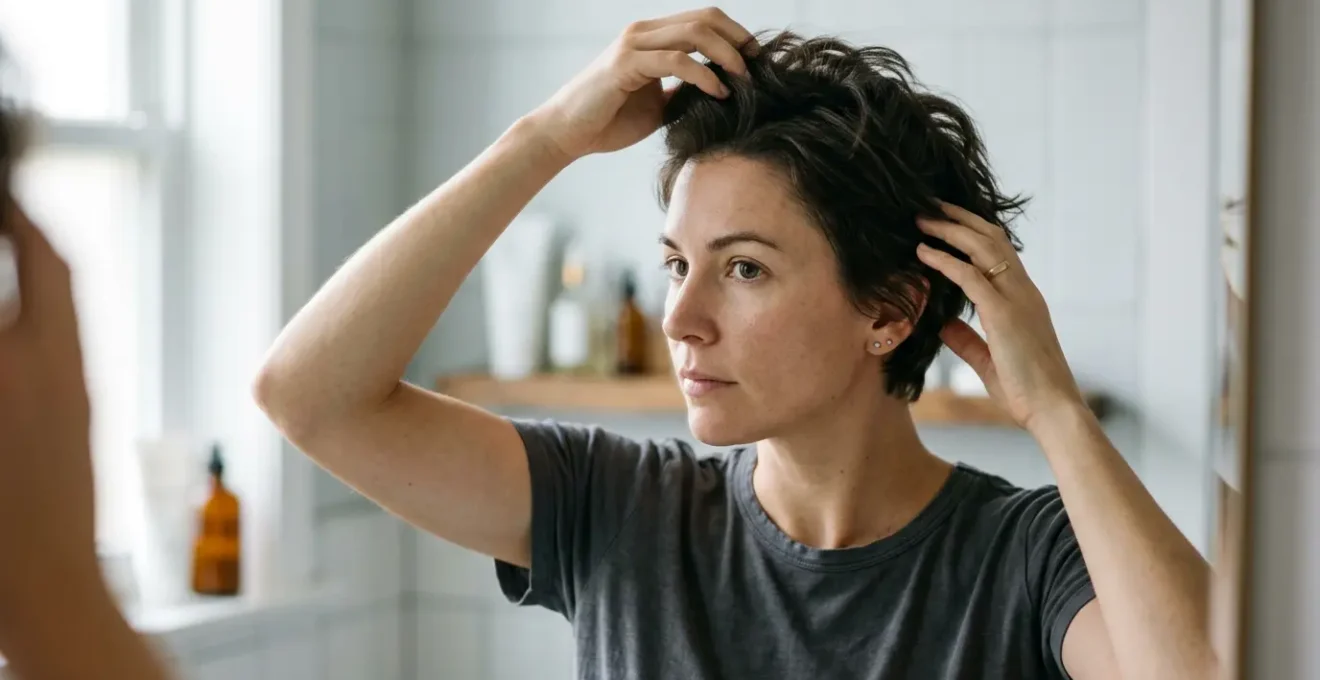 Donna con taglio pixie in fase di ricrescita che modella i capelli con le mani davanti allo specchio