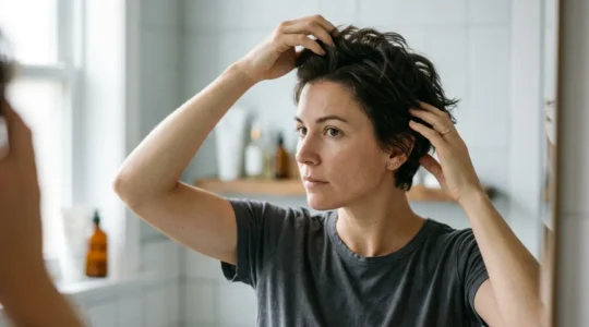 Donna con taglio pixie in fase di ricrescita che modella i capelli con le mani davanti allo specchio