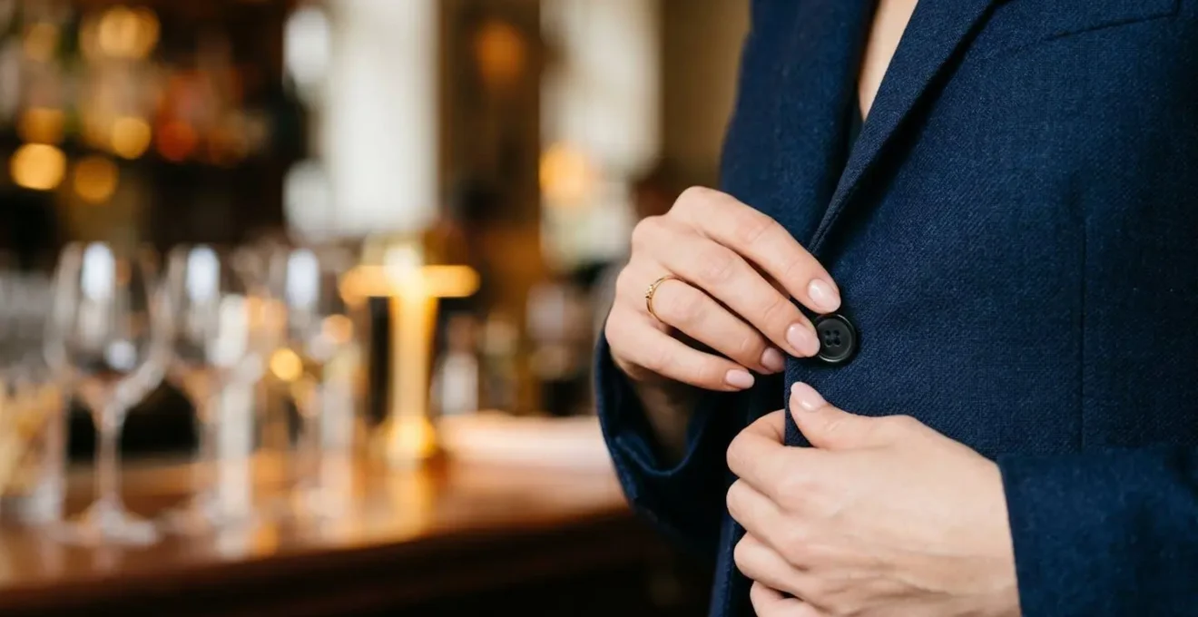 Mani femminili che sbottonano elegantemente un blazer navy in un gesto di transizione da formale a rilassato